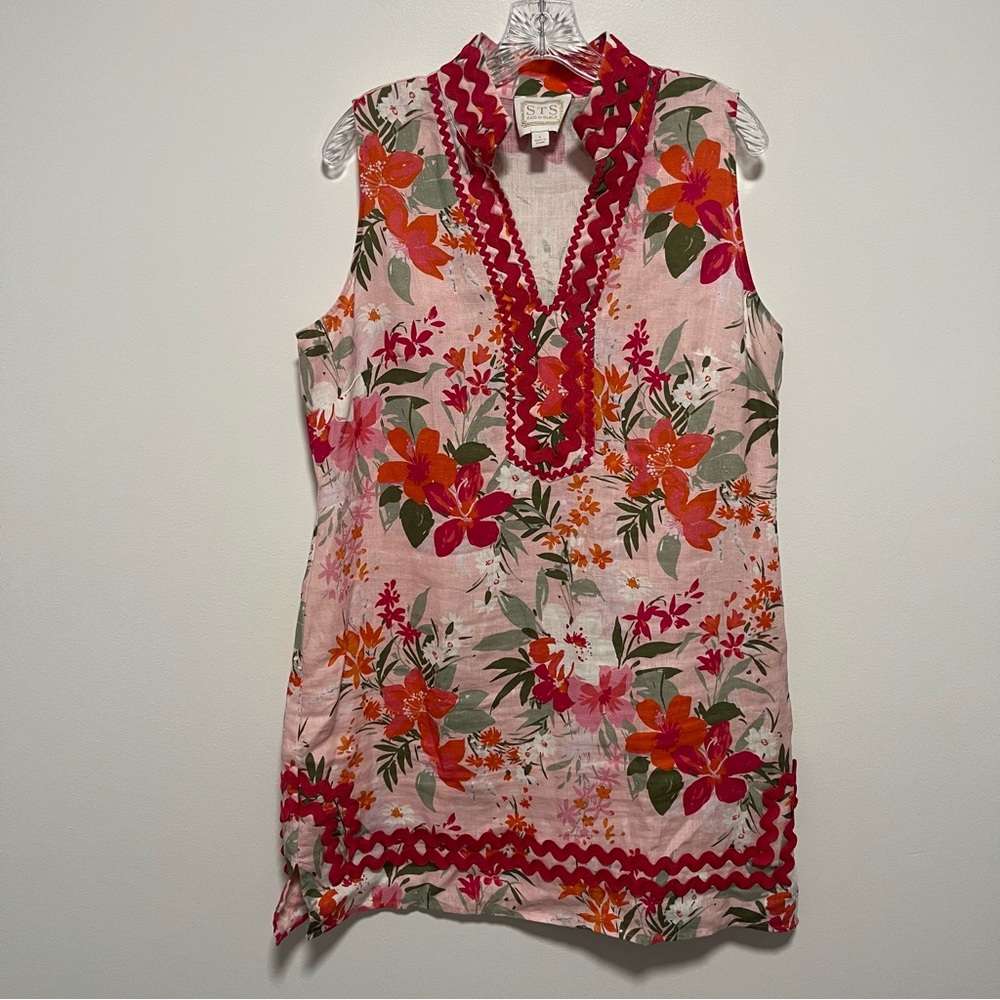 Sail To Sable 100% Linen Pink Floral Sleeveless Mini Shift Preppy Dress Large